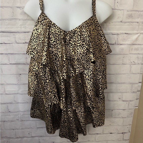 Swim 365 Swimsuits For All Sz 24 Gold‎ Black Leopard Tiered Ruffle Tankini Top - Picture 1 of 10